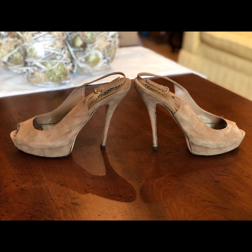 Gucci suede sling back platform heels